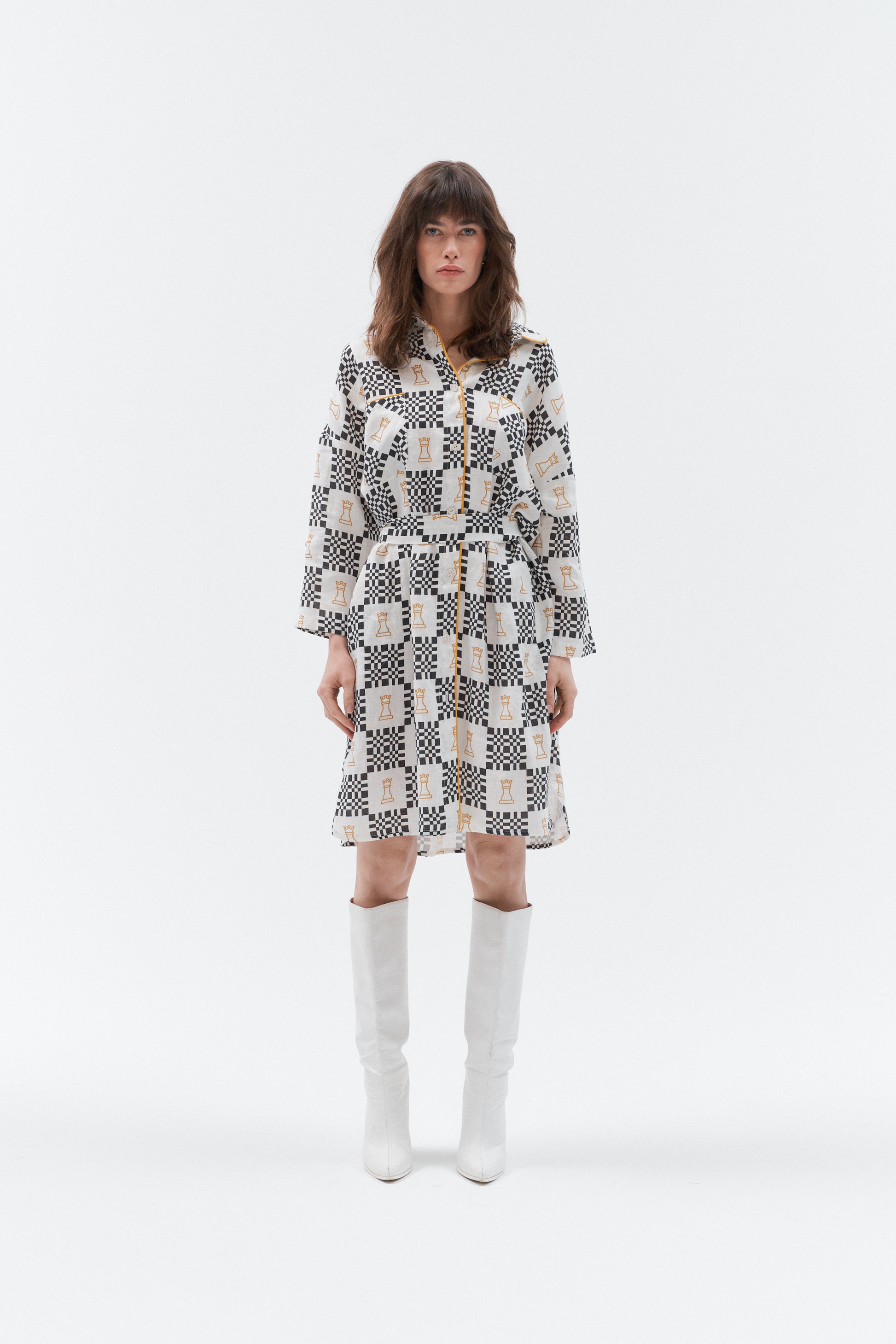 Grand Duchess oversize linen dress iconic; black and white linen dress; midi linen dress; unique pattern 100% linen dress; midi linen dress women; elegant linen dress with sleeves women