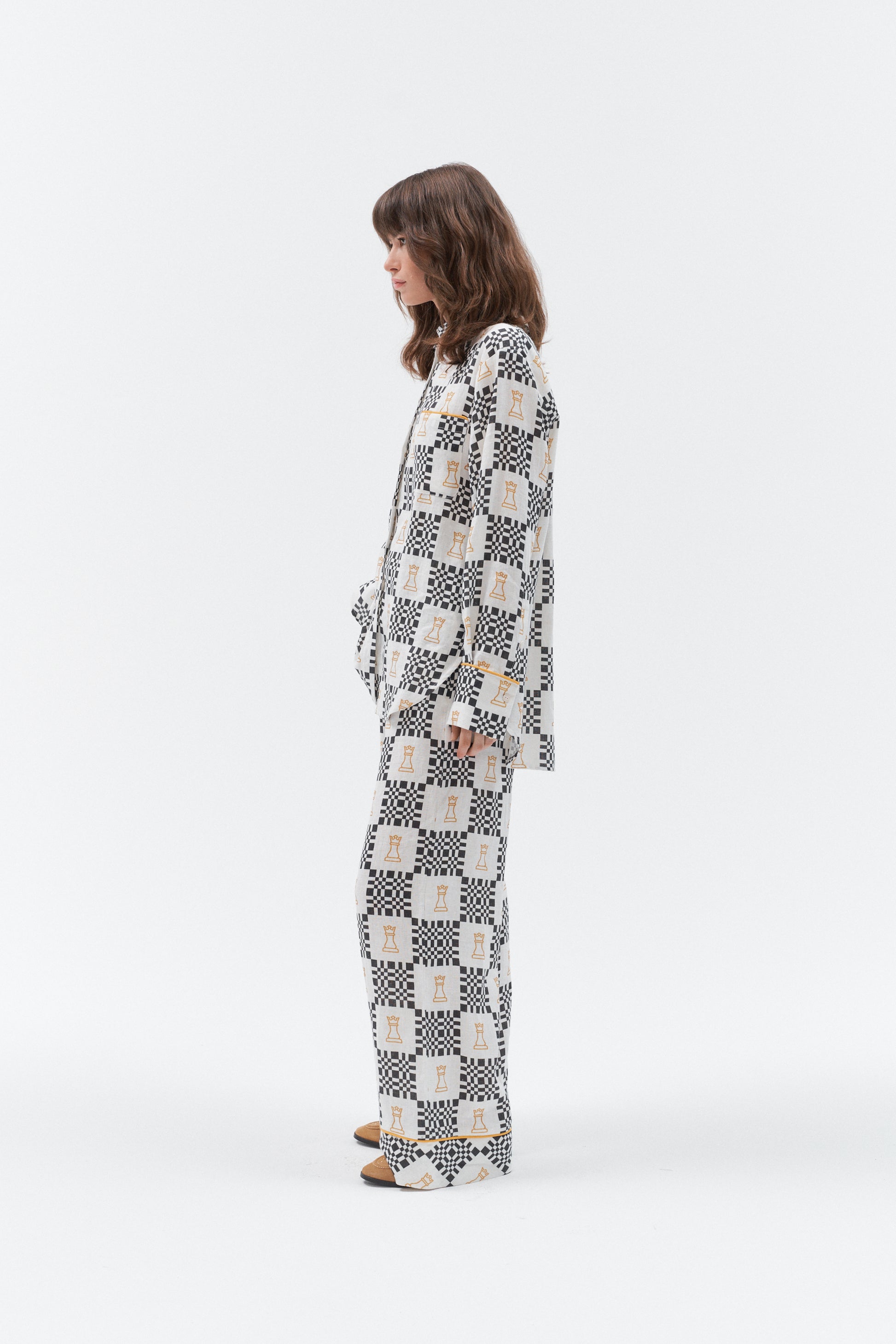 Grand Duchess black and white linen shirt; oversize black and white linen shirt; long sleeved linen shirt women's; chess print elegant linen shirt; iconic linen shirt with sustainable buttons