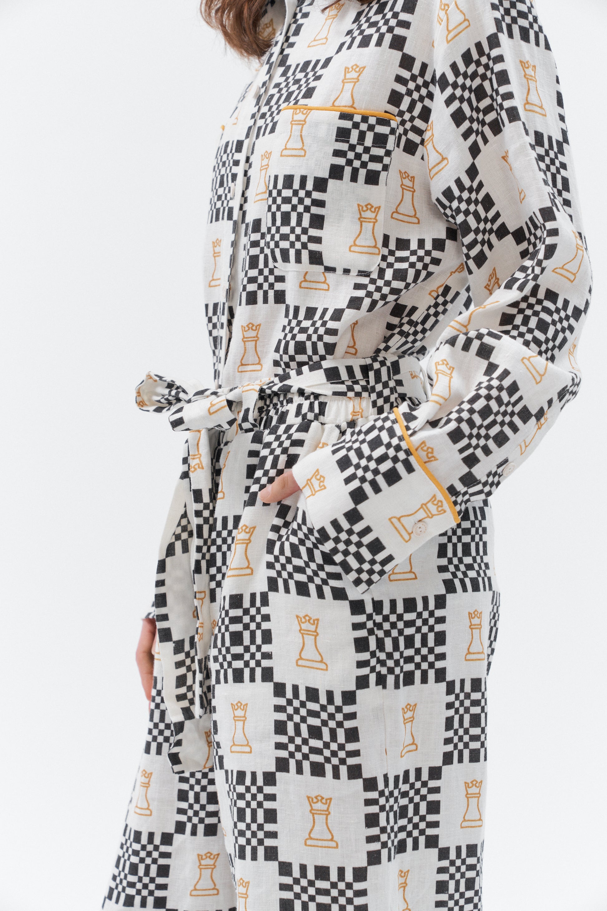 Grand Duchess iconic pattern linen shirt with stipes; oversize white and black with stars linen shirt for women; women's white and black 100% linen shirt; exclusive chess print long sleeved linen shirt; unique pattern linen shirt for women