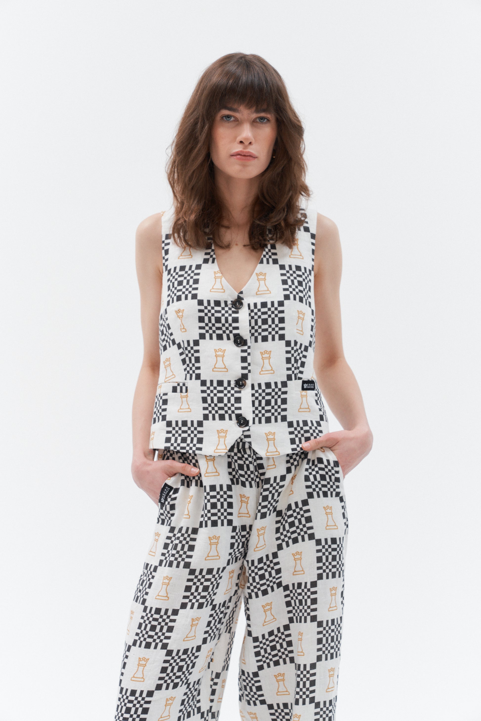 Grand Duchess linen waistcoat vesta black and white; iconic linen vest for women; elegant iconic linen waistcoat for women; fashionable linen waistcoat chess print; lininė liemenė moteriška