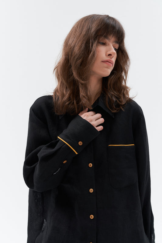 Grand Duchess black linen shirt with yellow stipes; oversize black linen shirt for women; women's black 100% linen shirt; long sleeved linen shirt