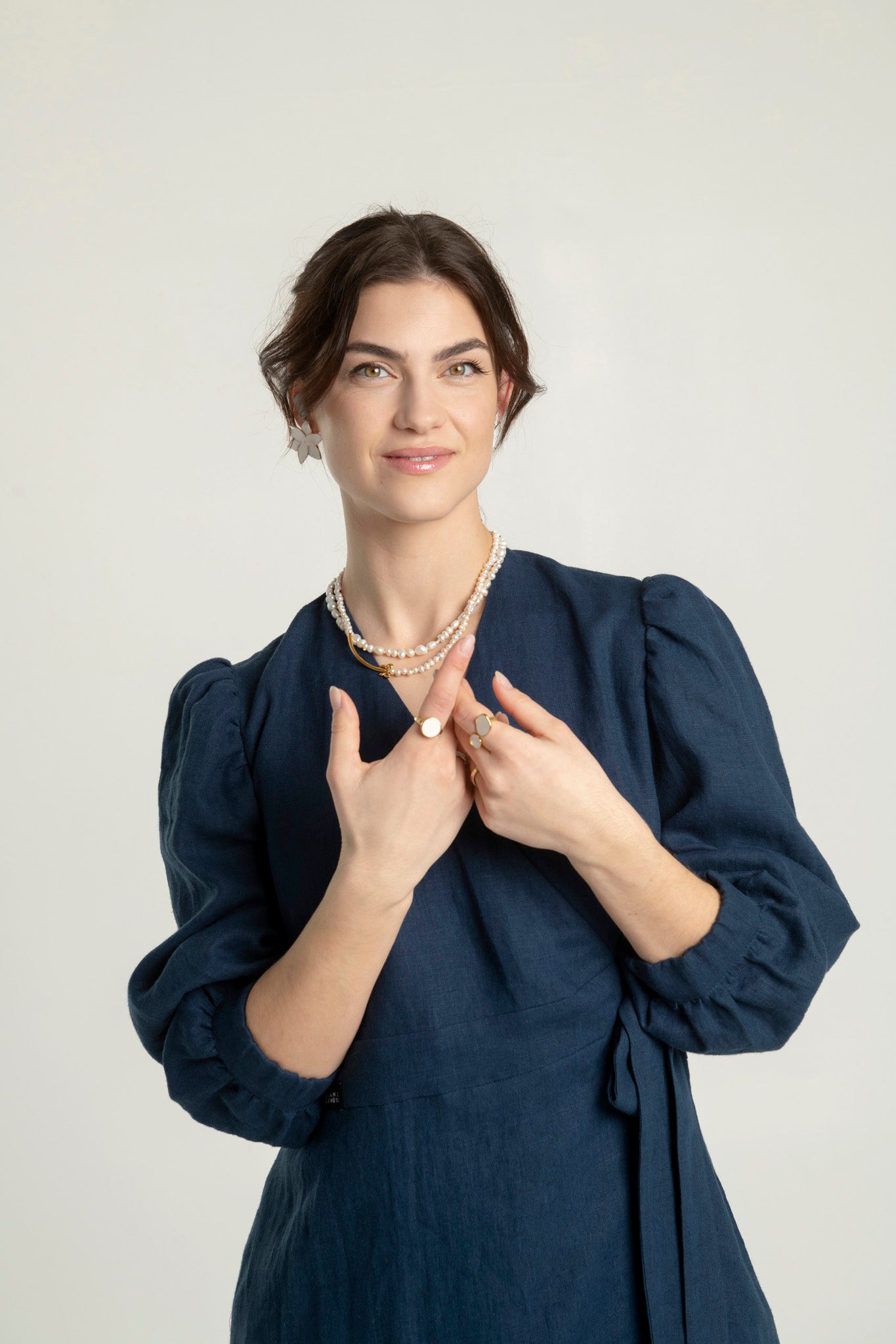 Navy blue linen dress; puffed sleeves dress; Linen Dress with Pockets