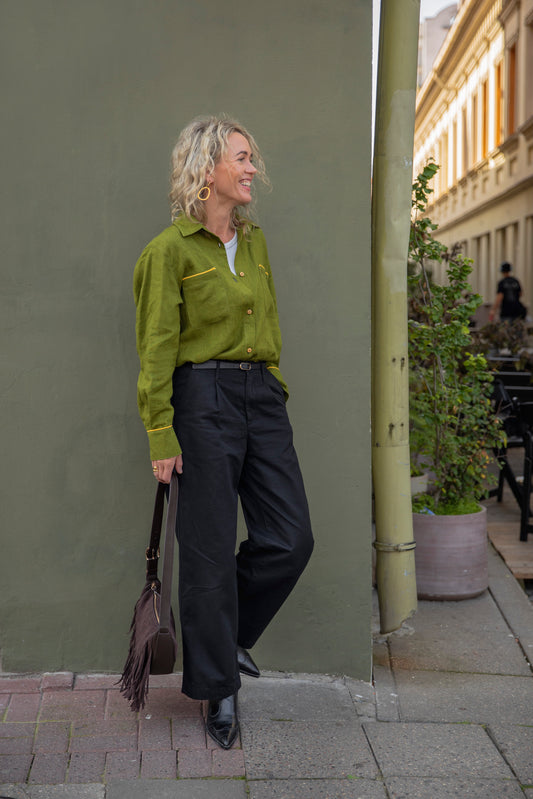 Women's oversized long sleeve linen shirt Brillante - Olive