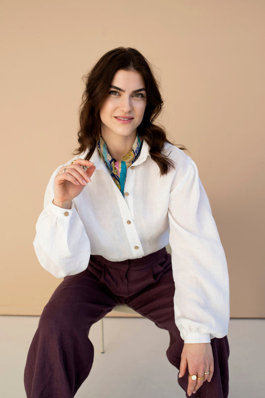 Astoria women’s linen shirt with puffed sleeves, breathable natural fabric for elegant office or casual wear.