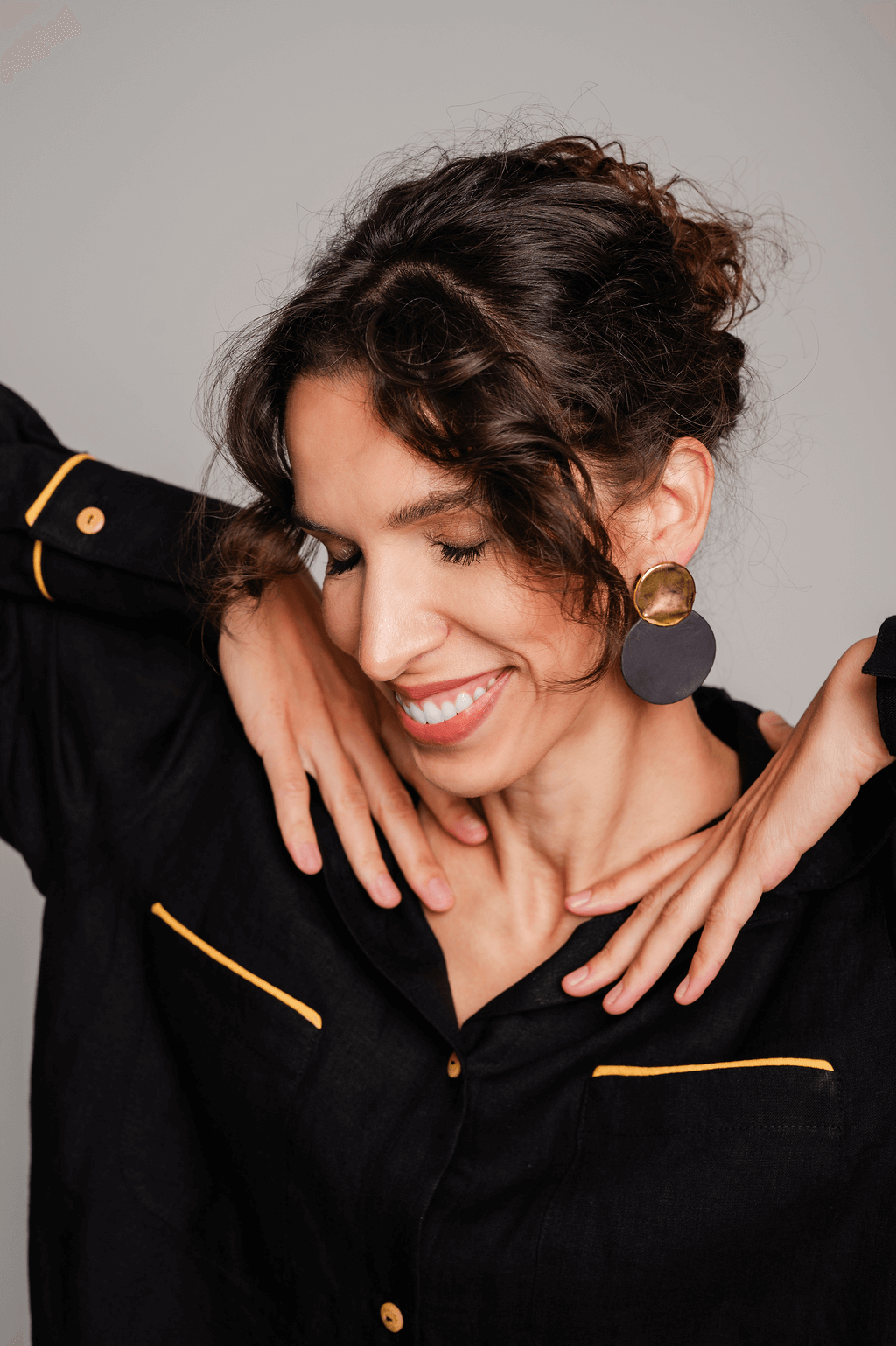 Handmade round-shaped porcelain earrings with 12K gold detailing, lightweight and hypoallergenic, perfect luxury gift for her.