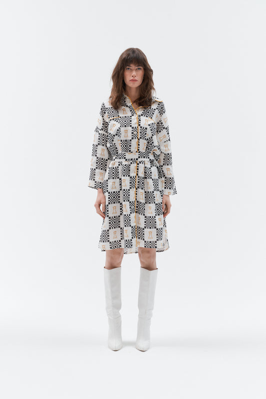 Linen dress Iconic from Grand Duchess, oversized midi, black and white, made of 100% natural linen.
