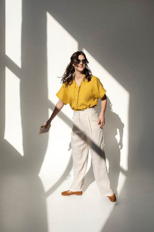 Mustard yellow linen top for women with V-neck collar, Japanese-inspired design.