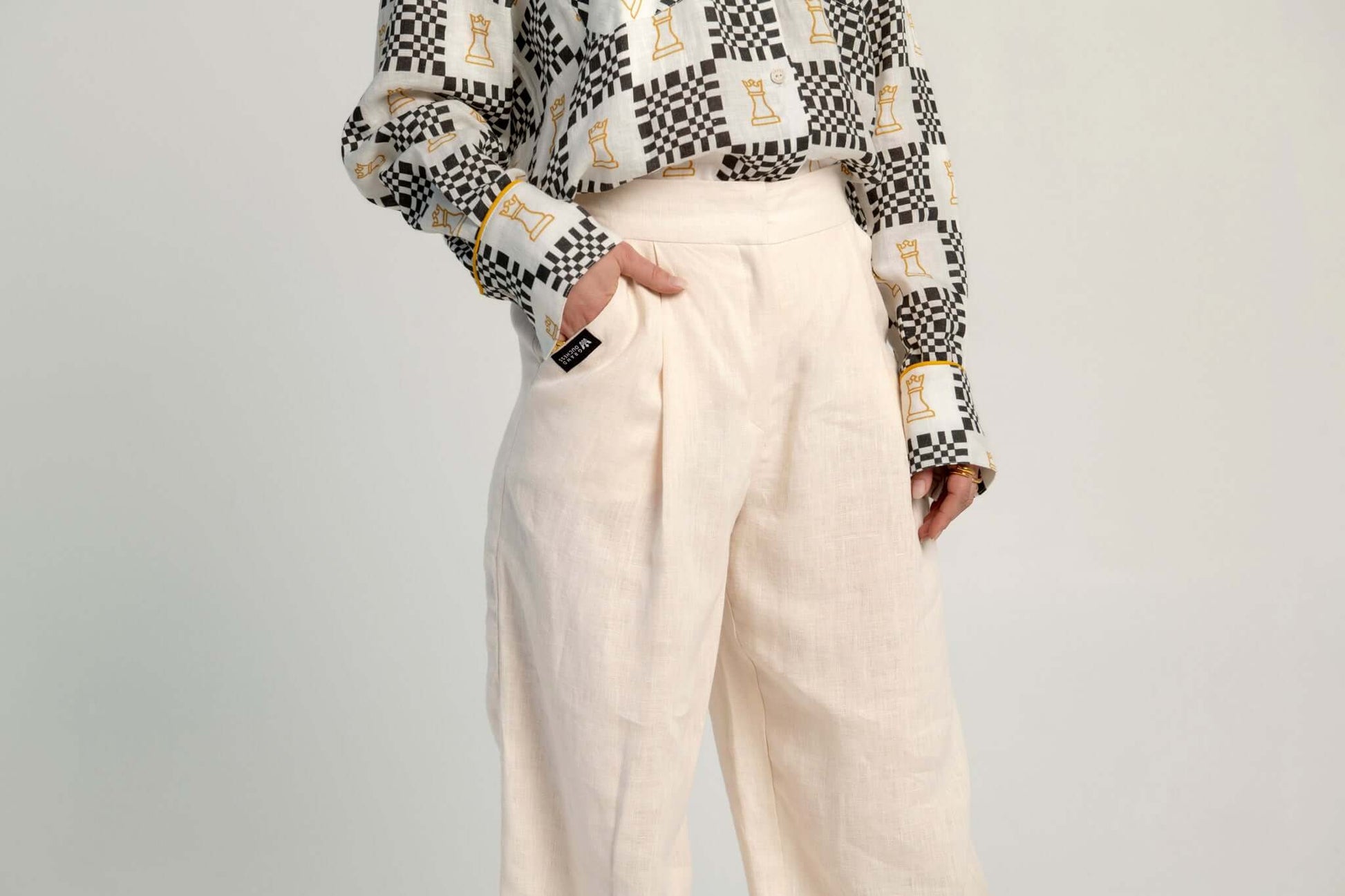 Sustainable beige linen pants Independence II, women’s high-waisted wide-leg linen trousers.