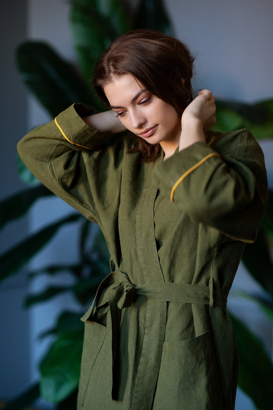 100% natural softened linen; soft linen robe; olive linen robe