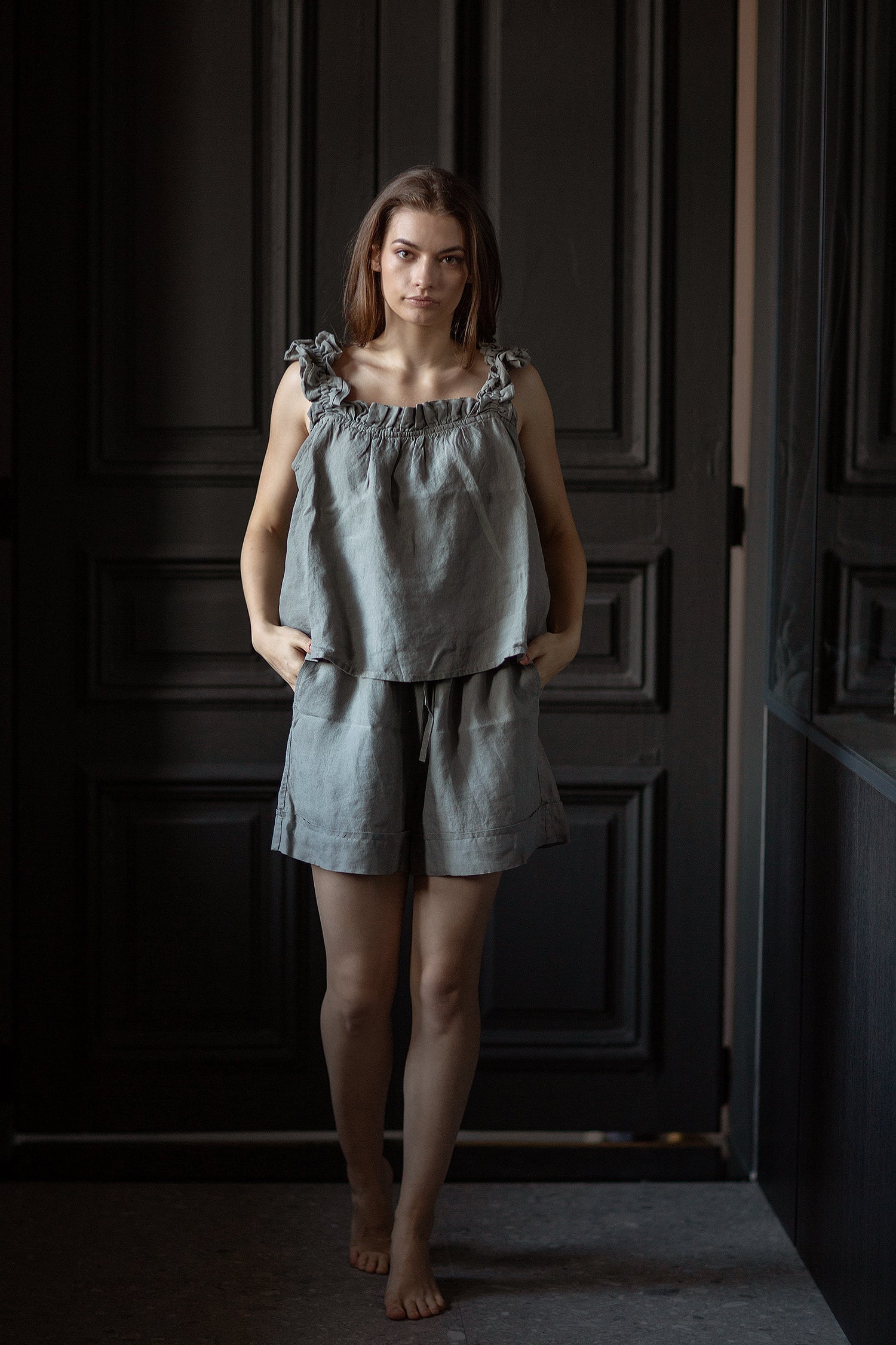 Women's linen two-piece grey suit "Adventurer" | Softened 100% linen | Romantic look | Summer linen sustainable set | Linen two piece grey beachwear set | TWO PIECE LINEN GREY Set Linen Pajamas Set for Women | Summer linen set | Top with ruffles | Women's ruffle top and shorts
