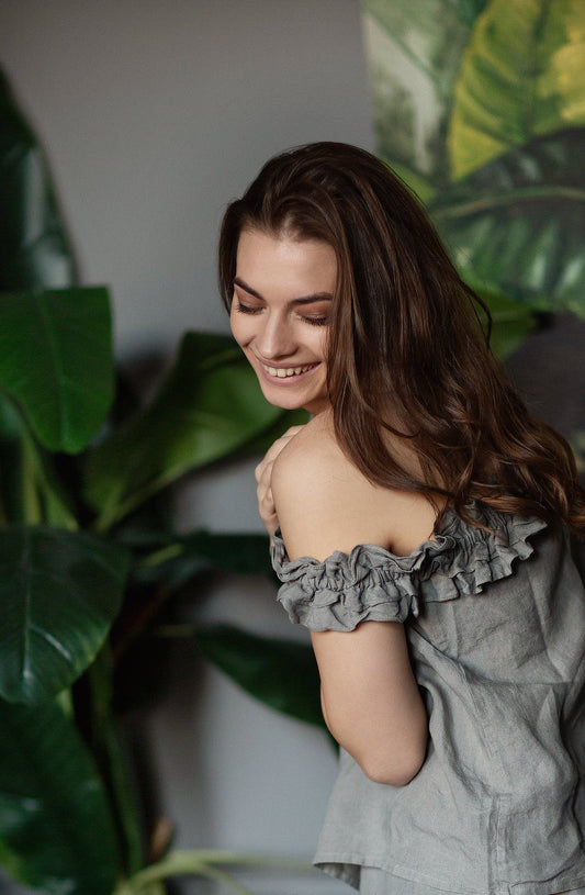 Women's linen two-piece suit "Adventurer" | Softened 100% linen | Romantic look | Summer linen set | Linen two piece beachwear set | TWO PIECE LINEN GREY Set Linen Pajamas Set for Women