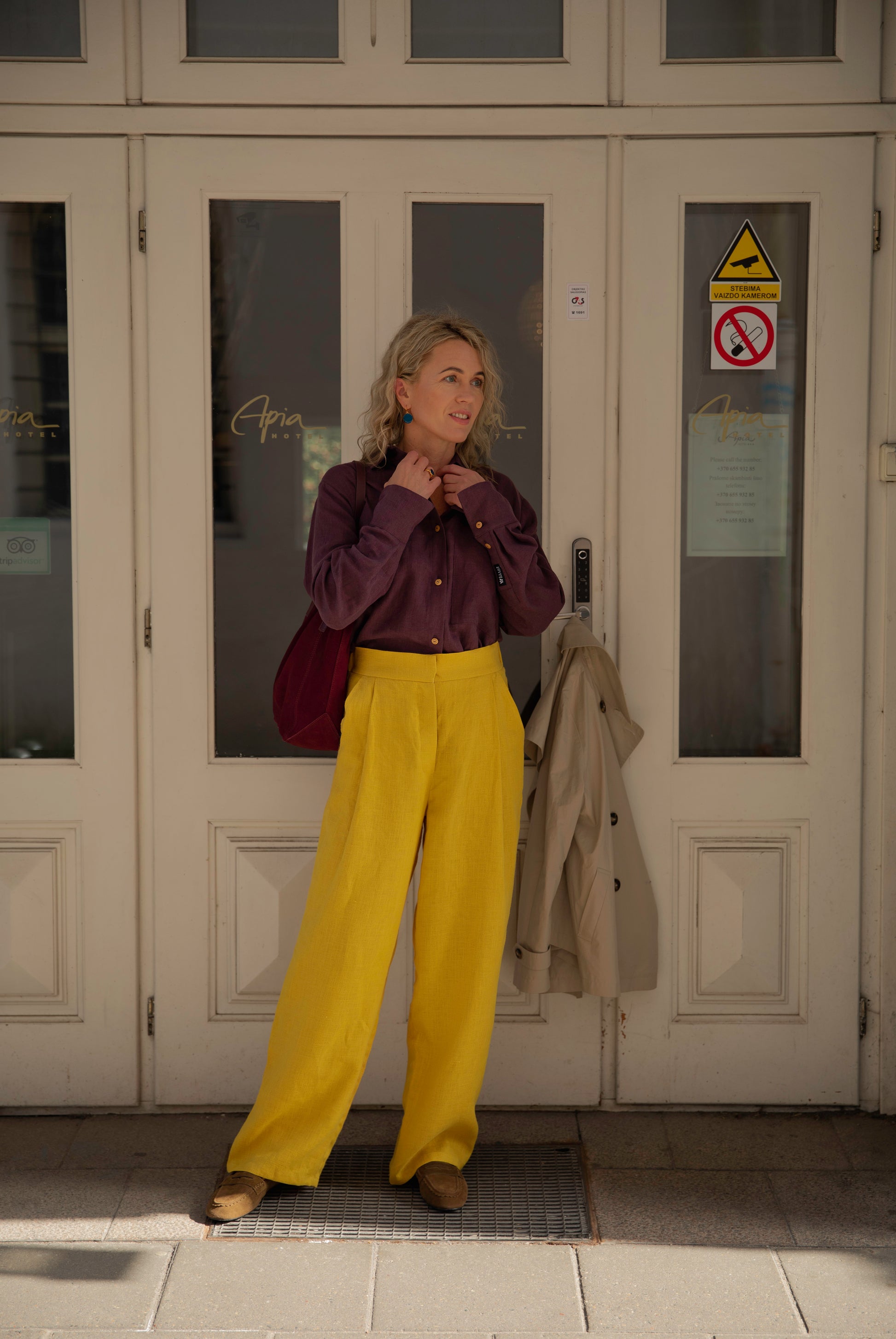 Women’s high-waisted linen pants Independence II in mustard yellow