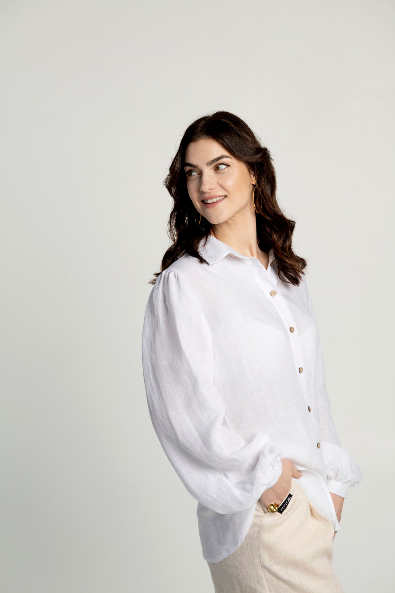Women’s long puffed sleeves linen shirt