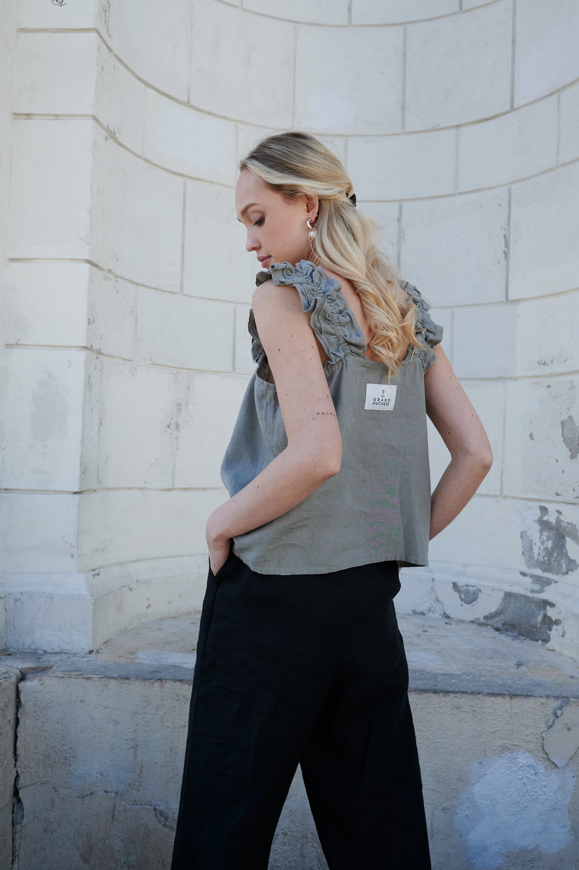 Women's linen grey top "Adventurer" | Softened 100% linen | Romantic look | Summer linen sustainable top | Linen beachwear set | | Summer linen top | Linen top with ruffles | Elegant women's ruffle grey linen top