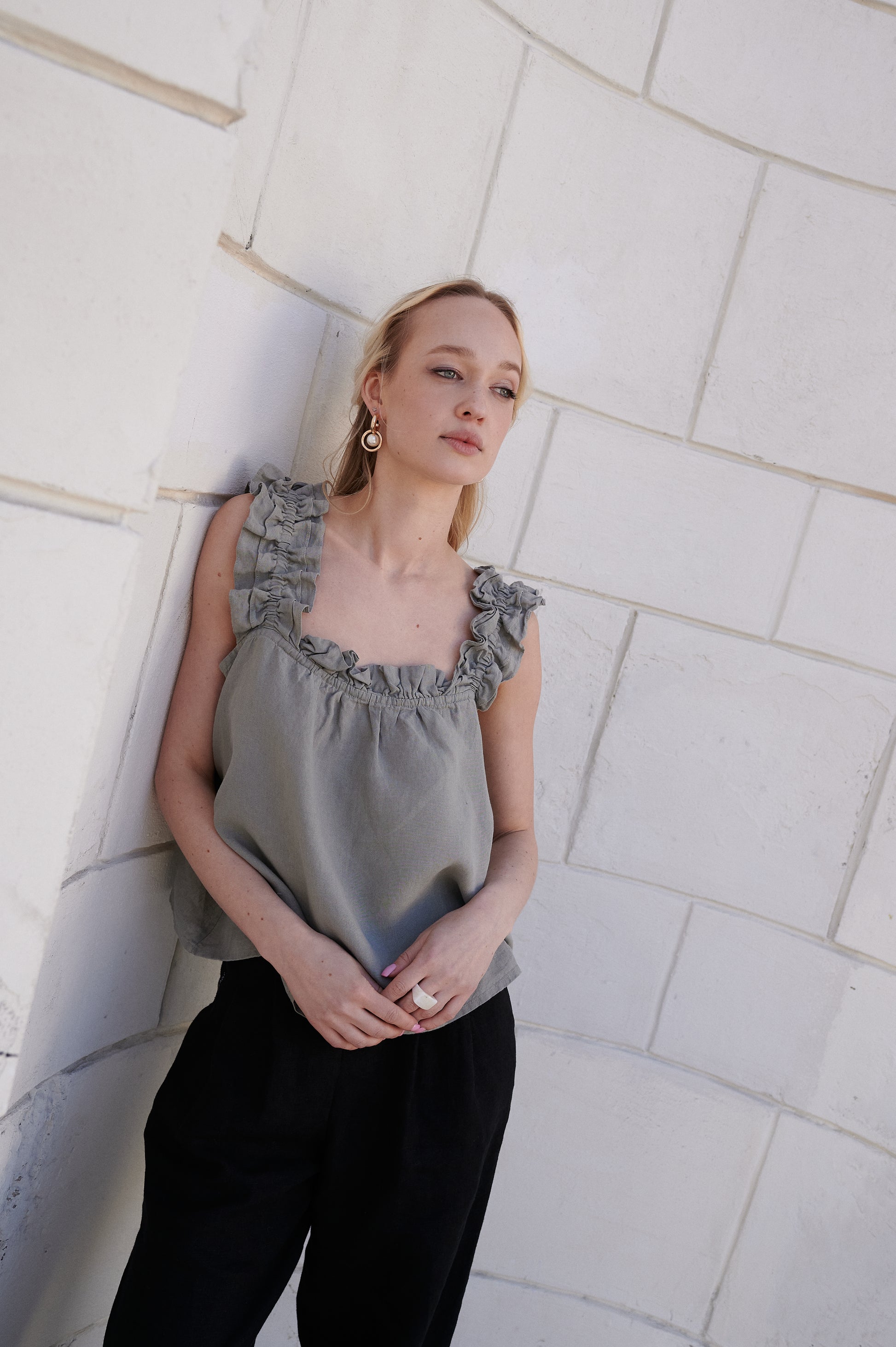 Women's linen grey top "Adventurer" | Softened 100% linen | Romantic look | Summer linen sustainable top | Linen beachwear set | | Summer linen top | Linen top with ruffles | Elegant women's ruffle grey linen top