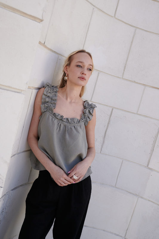 Women's linen grey top "Adventurer" | Softened 100% linen | Romantic look | Summer linen sustainable top | Linen beachwear set | | Summer linen top | Linen top with ruffles | Elegant women's ruffle grey linen top