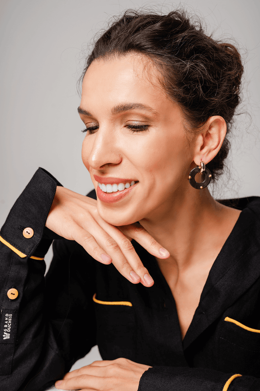 Grand Duchess Spark Flair Hoop-shaped porcelain earrings; gold-plated stainless steel; luxury jewelry, handmade porcelain earrings