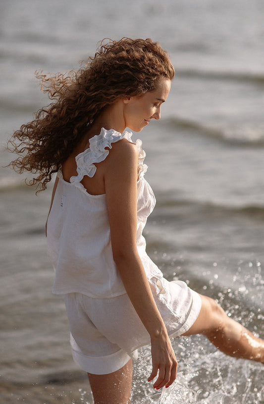 Women's linen two-piece white suit "Adventurer" | Softened 100% linen | Romantic look | Summer linen sustainable set | Linen two piece white beachwear set | TWO PIECE LINEN GREY Set Linen Pajamas Set for Women | Summer linen set | Top with ruffles | Elegant women's ruffle top and shorts