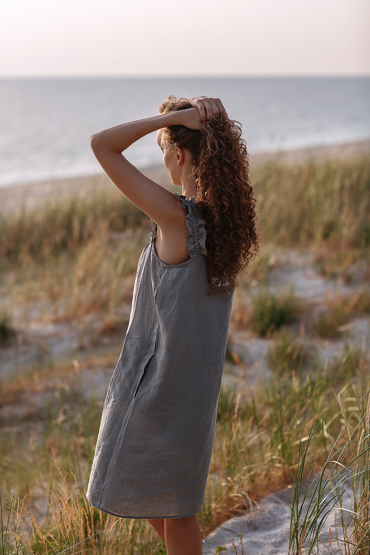 Women's grey linen dress "Playful" - Summer Linen Dresses with ruffles, pockets and strap | Beach dress - Grand Duchess