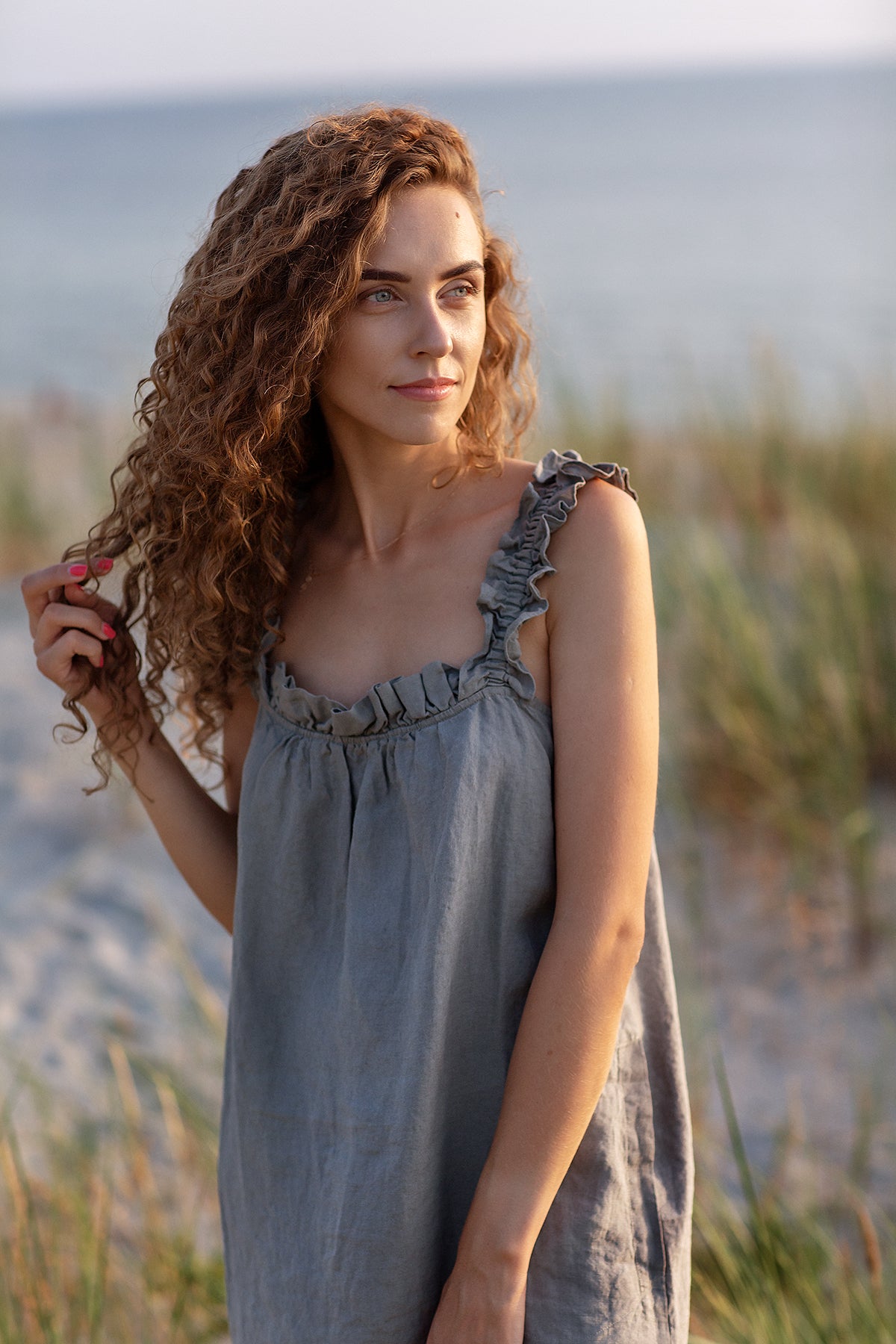 Linen Dress "Playful" - Summer Linen Dresses with ruffles, pockets and strap | Grand Duchess