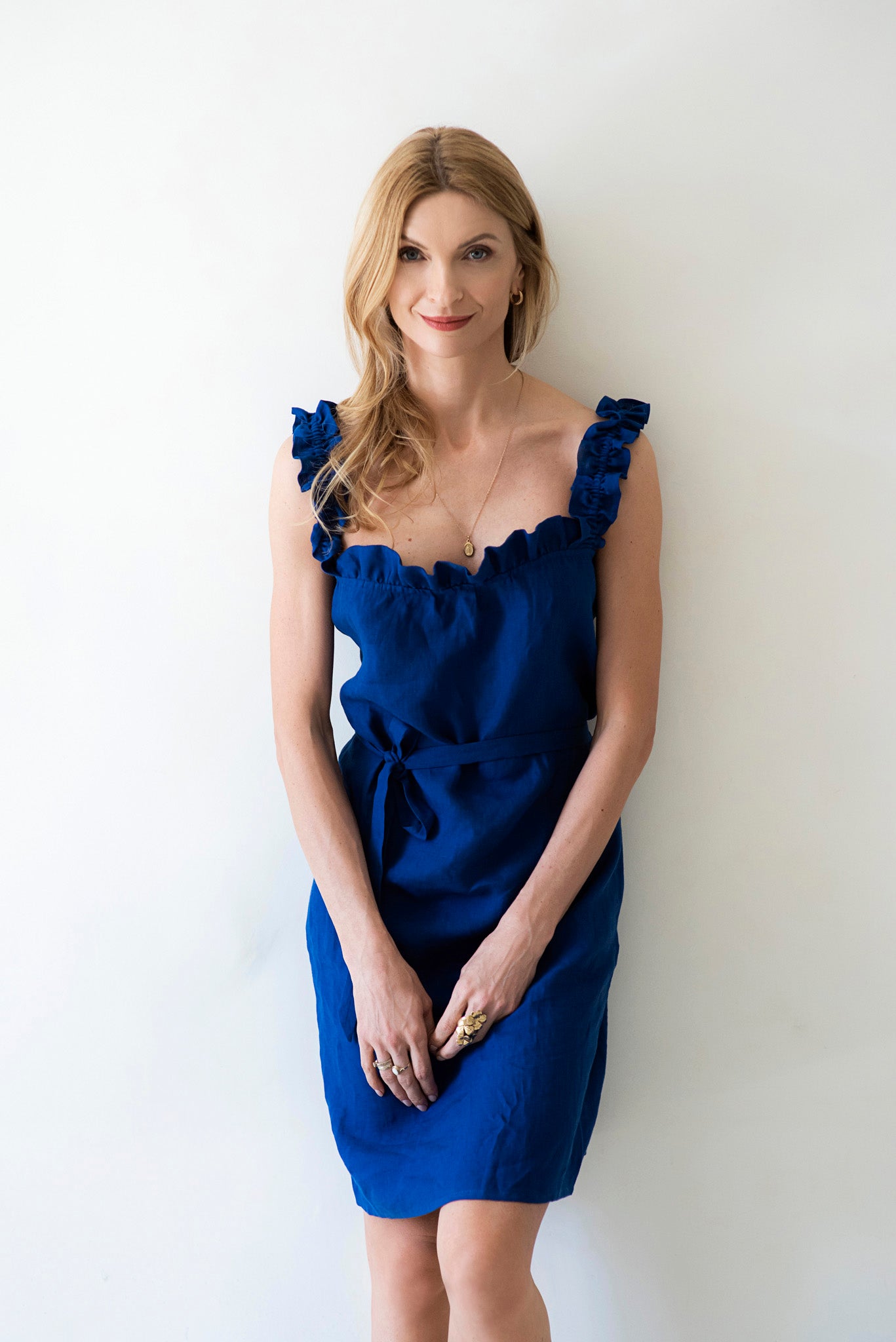 Linen Dress "Playful" - Summer Linen Dresses with ruffles, pockets and strap | Midi royal blue dress - Grand Duchess