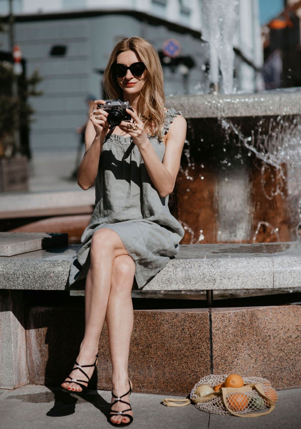 Linen Dress "Playful" - Summer Linen Dresses with ruffles, pockets and strap | Midi grey dress - Grand Duchess