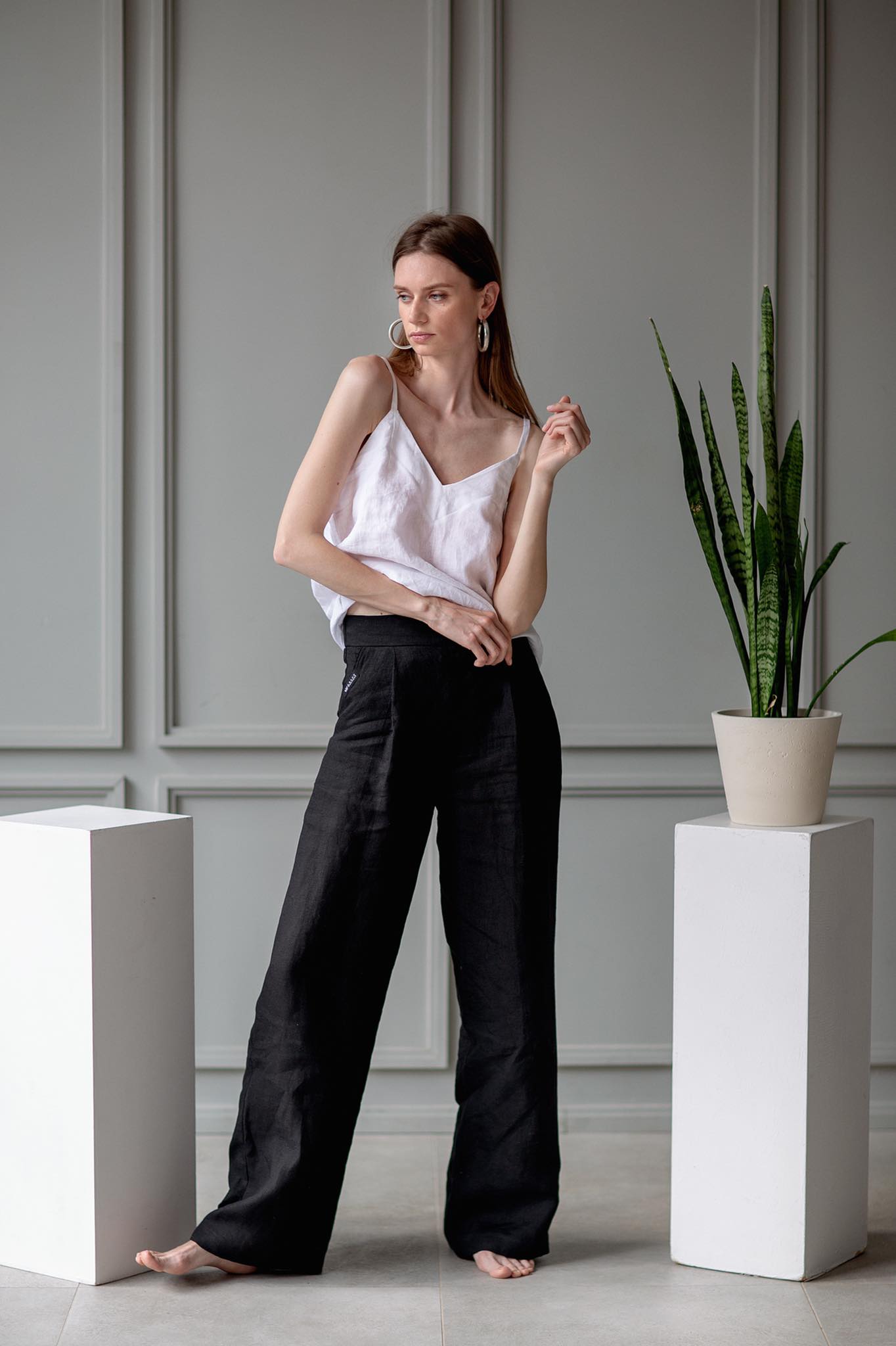 Women's white linen top "Venus" - Grand Duchess | Elegant white linen top with fixing shoulder straps | Casual white linen lightly loose fit top | White linen top for vocations | Elegant white linen top | 100% natural softened linen
