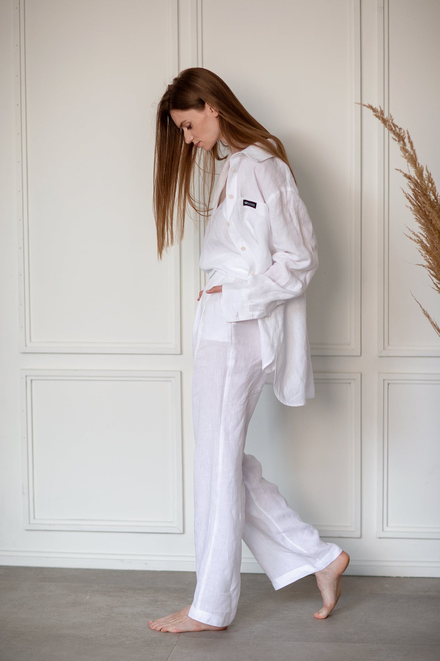 Women's white wide leg linen pants "Independence" - Grand Duchess | Softened 100% linen | Linen for leisure | White wide linen pants - city wear | High waisted linen pants