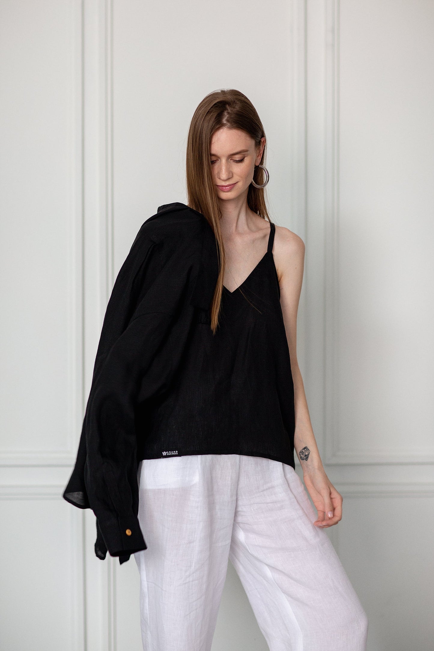 Women's black linen top "Venus" - Grand Duchess | Elegant black linen top with fixing shoulder straps | Casual black linen lightly loose fit top | Linen top for vocations | Elegant black linen top | 100% natural softened linen