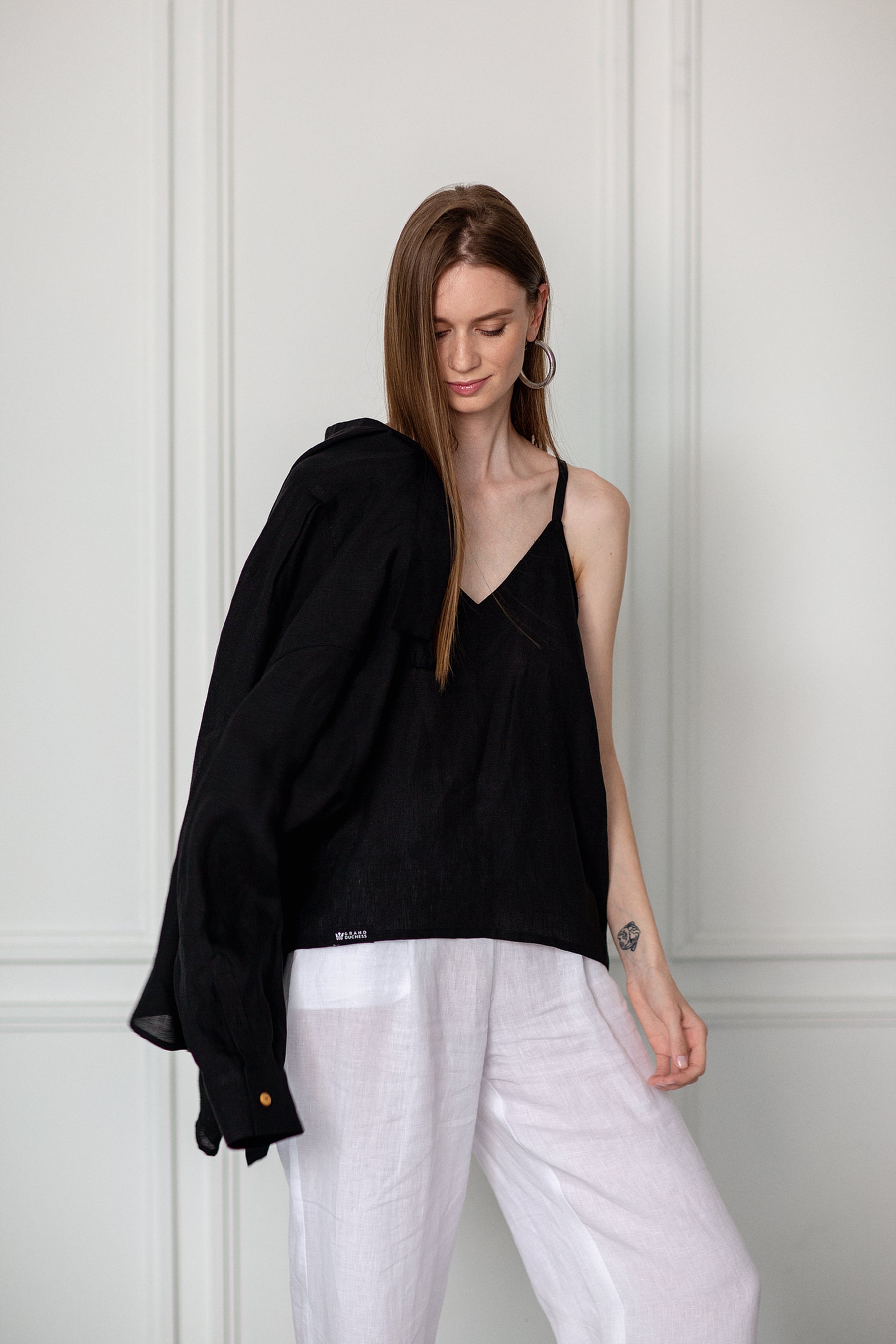 Women's black linen top "Venus" - Grand Duchess | Elegant black linen top with fixing shoulder straps | Casual black linen lightly loose fit top | Linen top for vocations | Elegant black linen top | 100% natural softened linen