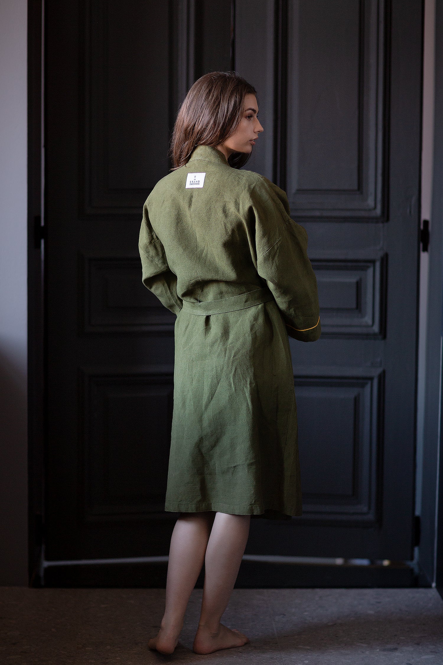 Women's olive linen robe "Inspiring" - Grand Duchess | Softened 100% linen | Inspired by Frida Kahlo