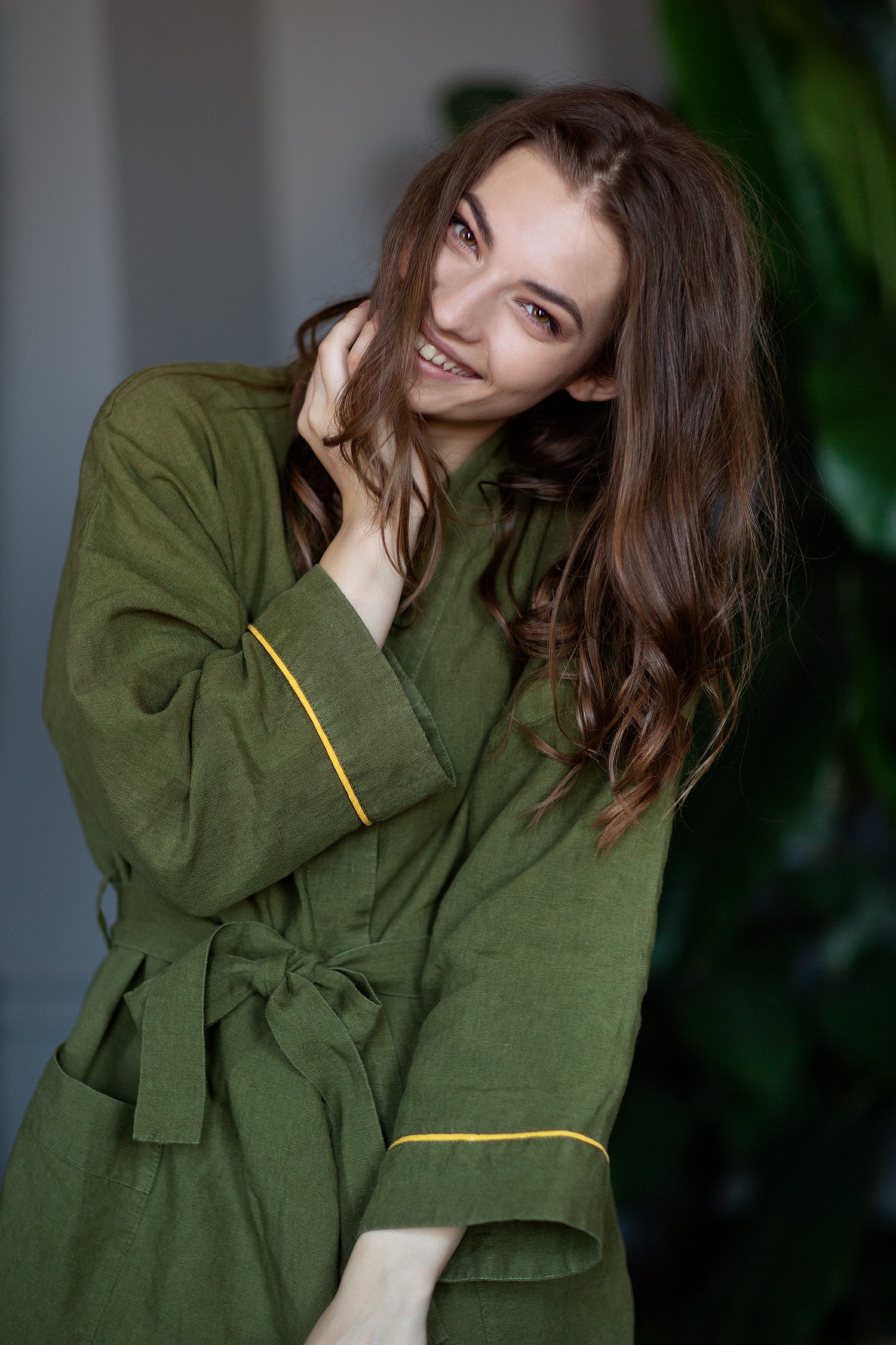 Women's olive linen robe "Inspiring" - Grand Duchess | Softened 100% linen | Inspired by Frida Kahlo | Moteriškas lininis chalatas