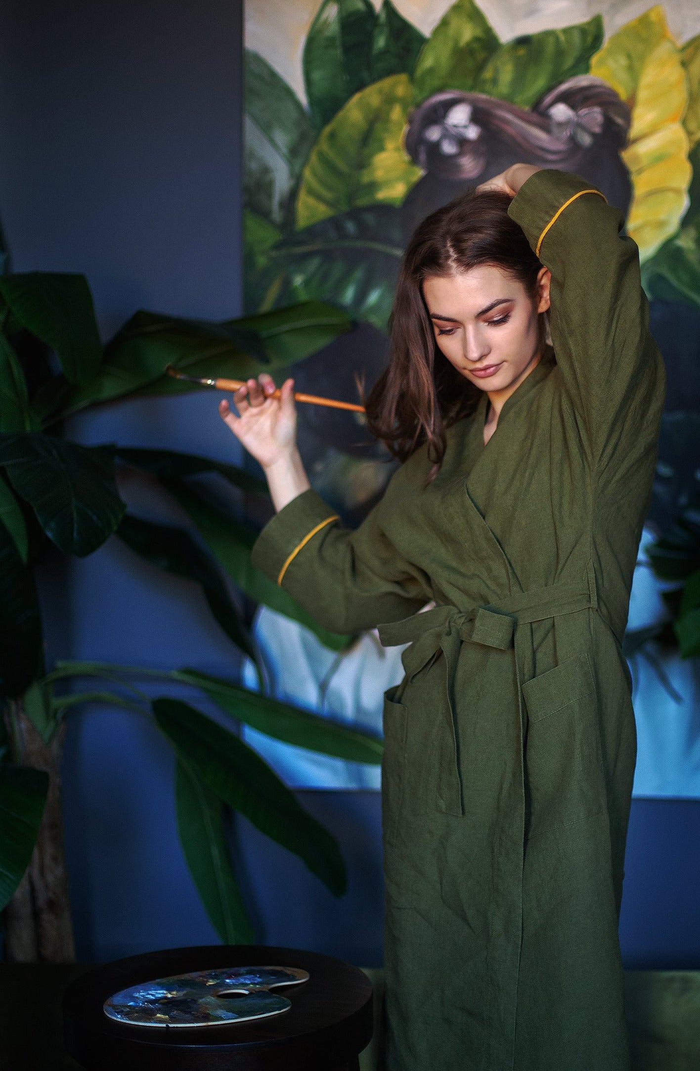 100% natural softened linen; Women's olive linen robe "Inspiring" - Grand Duchess | Softened 100% linen | Inspired by Frida Kahlo | Moteriškas lininis chalatas 