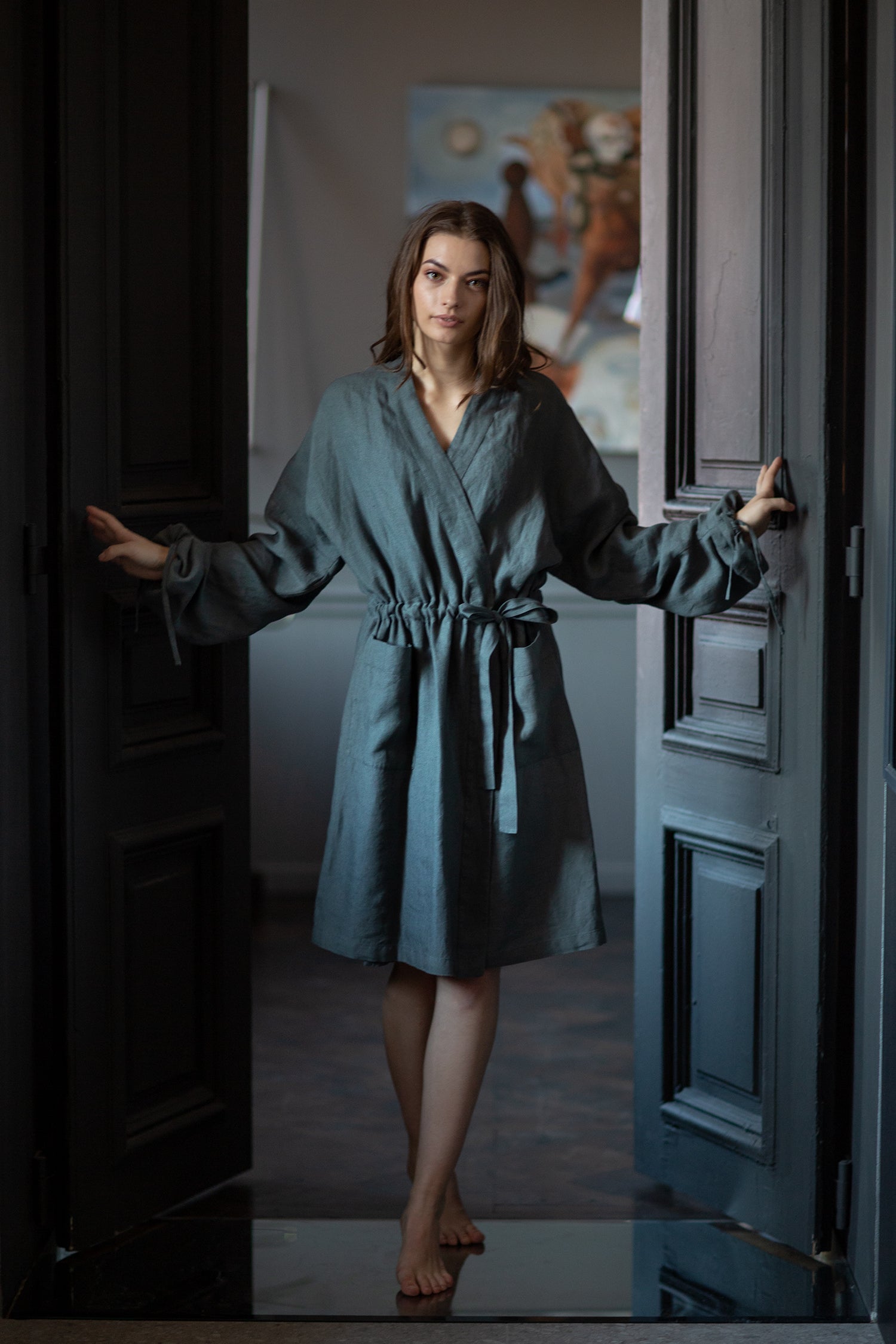 Women's grey linen robe "Inspiring" - Grand Duchess | Softened 100% linen robe