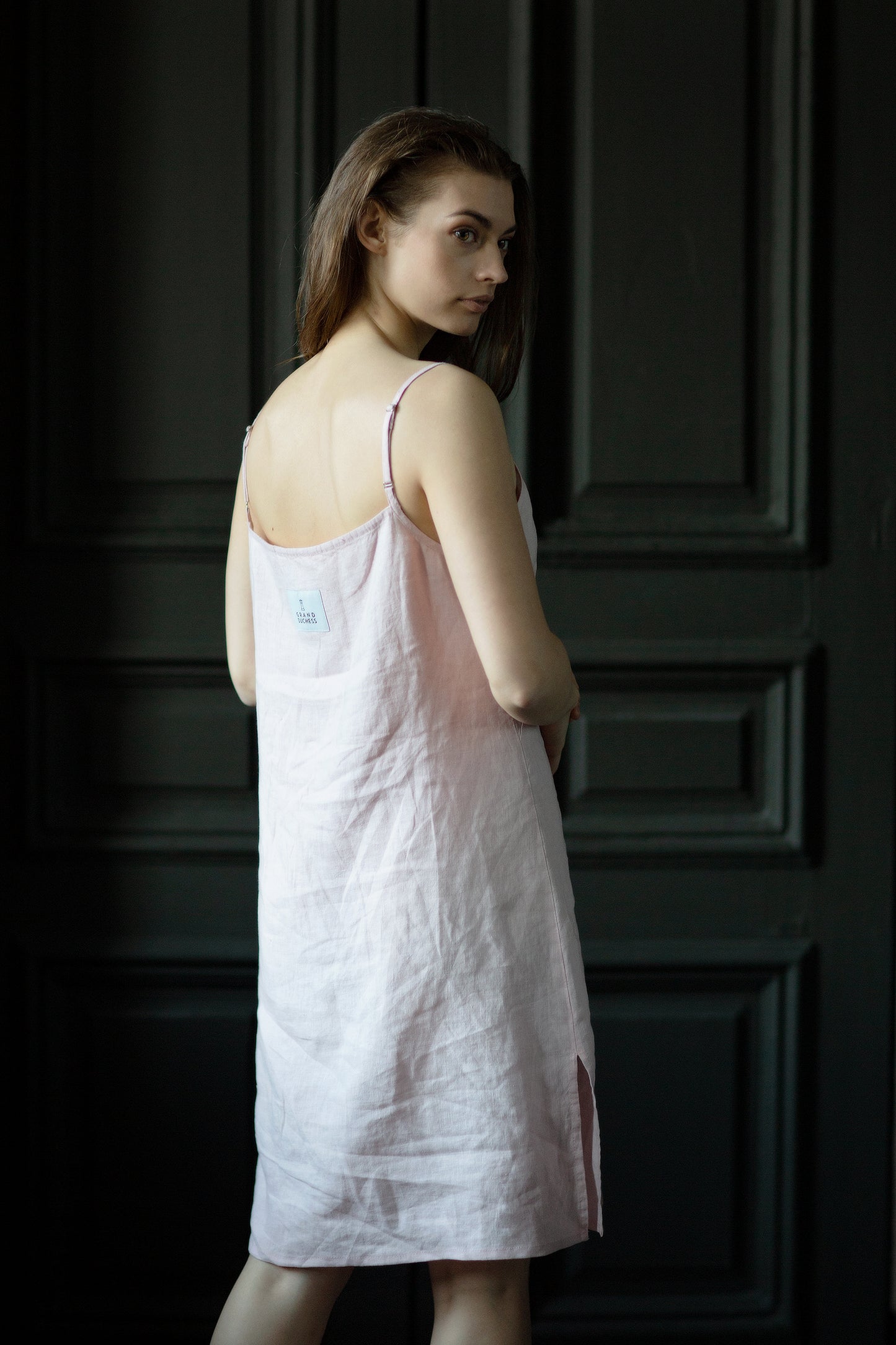 Linen soft sleep dress "Romantic" - Grand Duchess | Softened 100% linen | Romantic look | Fixing shoulder straps | Pink linen sustainable sleep dress