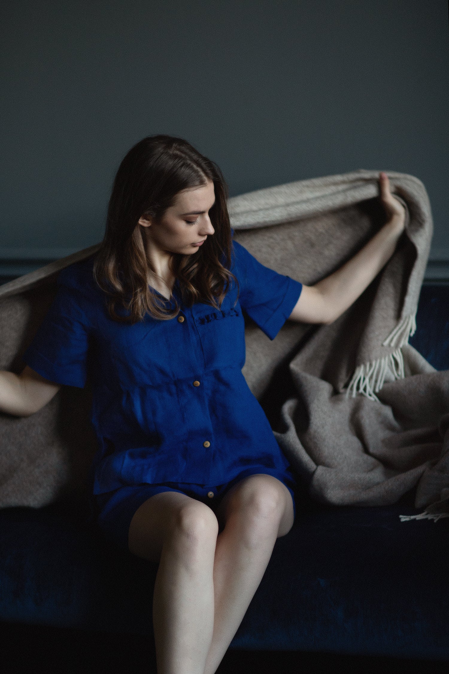 Linen two-piece suit "Sophisticated" - Grand Duchess | Softened 100% linen linen set | Elegant look linen set for women; royal blue linen set; 2 piece linen set women's; Women's royal blue two piece pajama; Luxury pajama set; two piece set with shirt and 