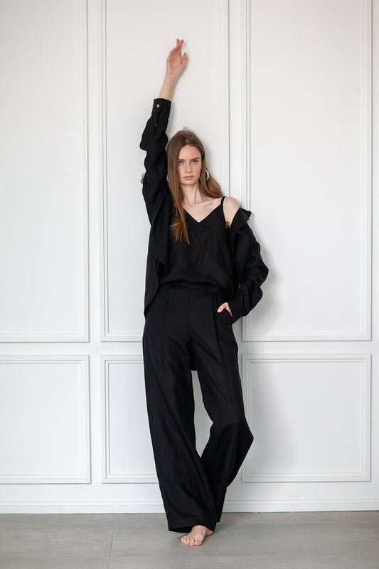 Women's oversized linen shirt Liberty in black for women, breathable 100% natural softened linen