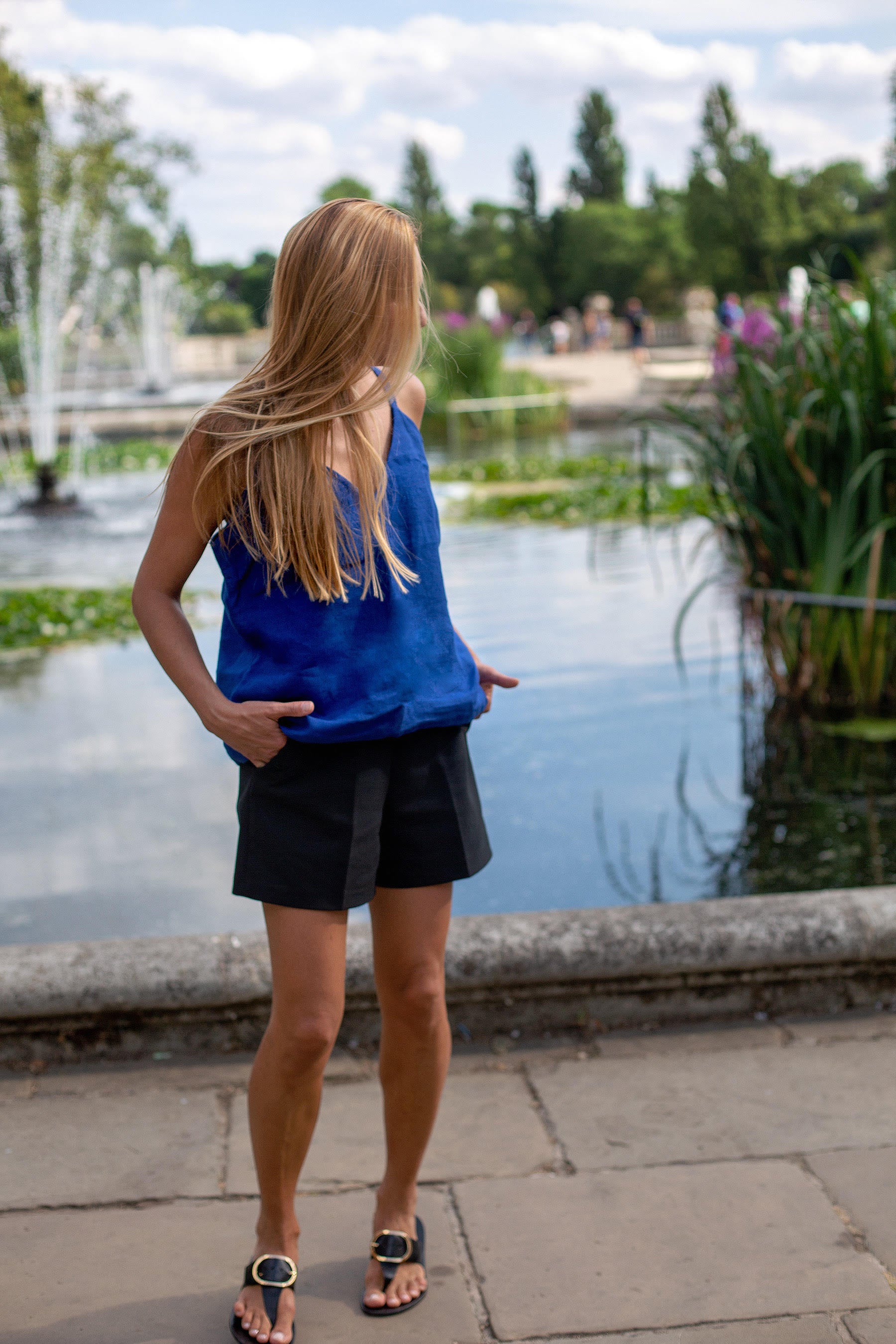 Women's royal blue linen top "Venus" - Grand Duchess | Elegant royal blue linen top with fixing shoulder straps | Casual deep blue linen lightly loose fit top | Royal blue linen top for vocations | Elegant royal blue linen top | 100% natural softened linen - made in EU