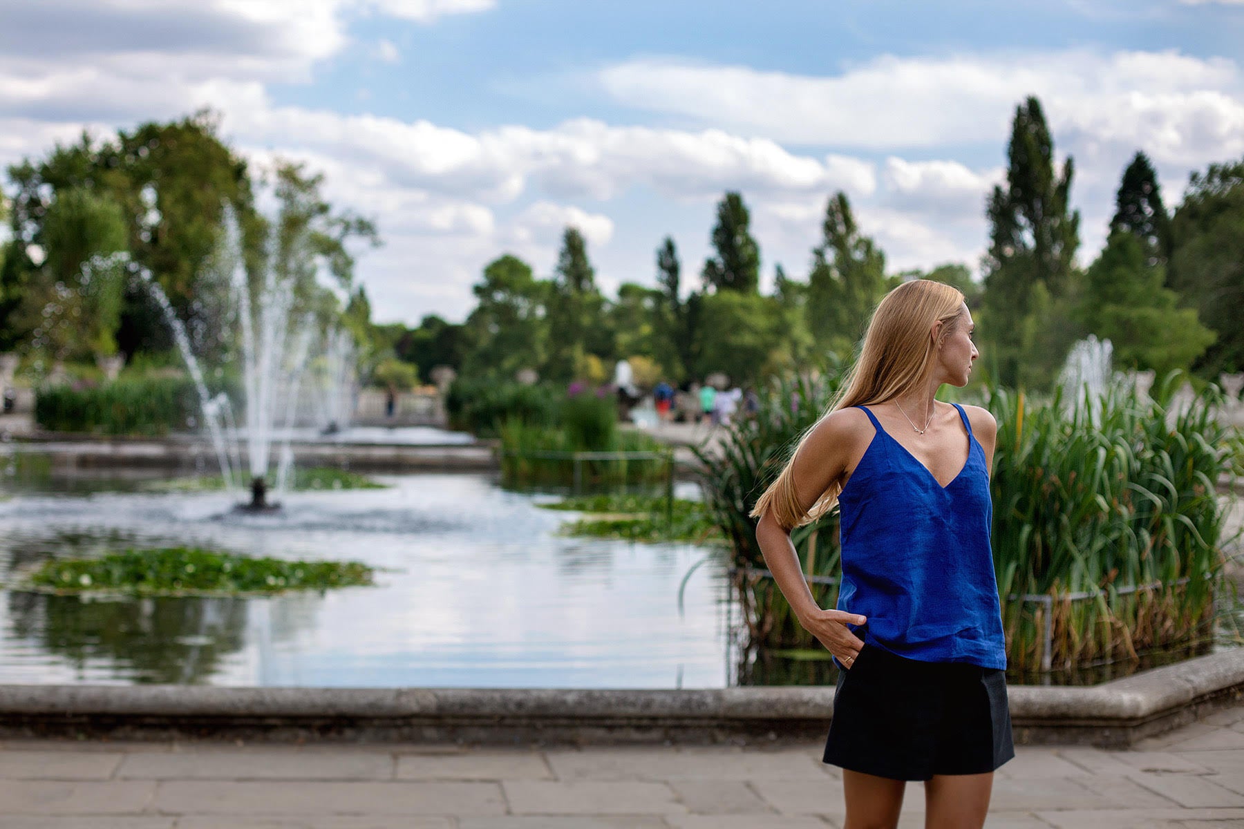 Women's royal blue linen top "Venus" - Grand Duchess | Elegant royal blue linen top with fixing shoulder straps | Casual deep blue linen lightly loose fit top | Royal blue linen top for vocations | Elegant royal blue linen top | 100% natural softened linen - made in EU